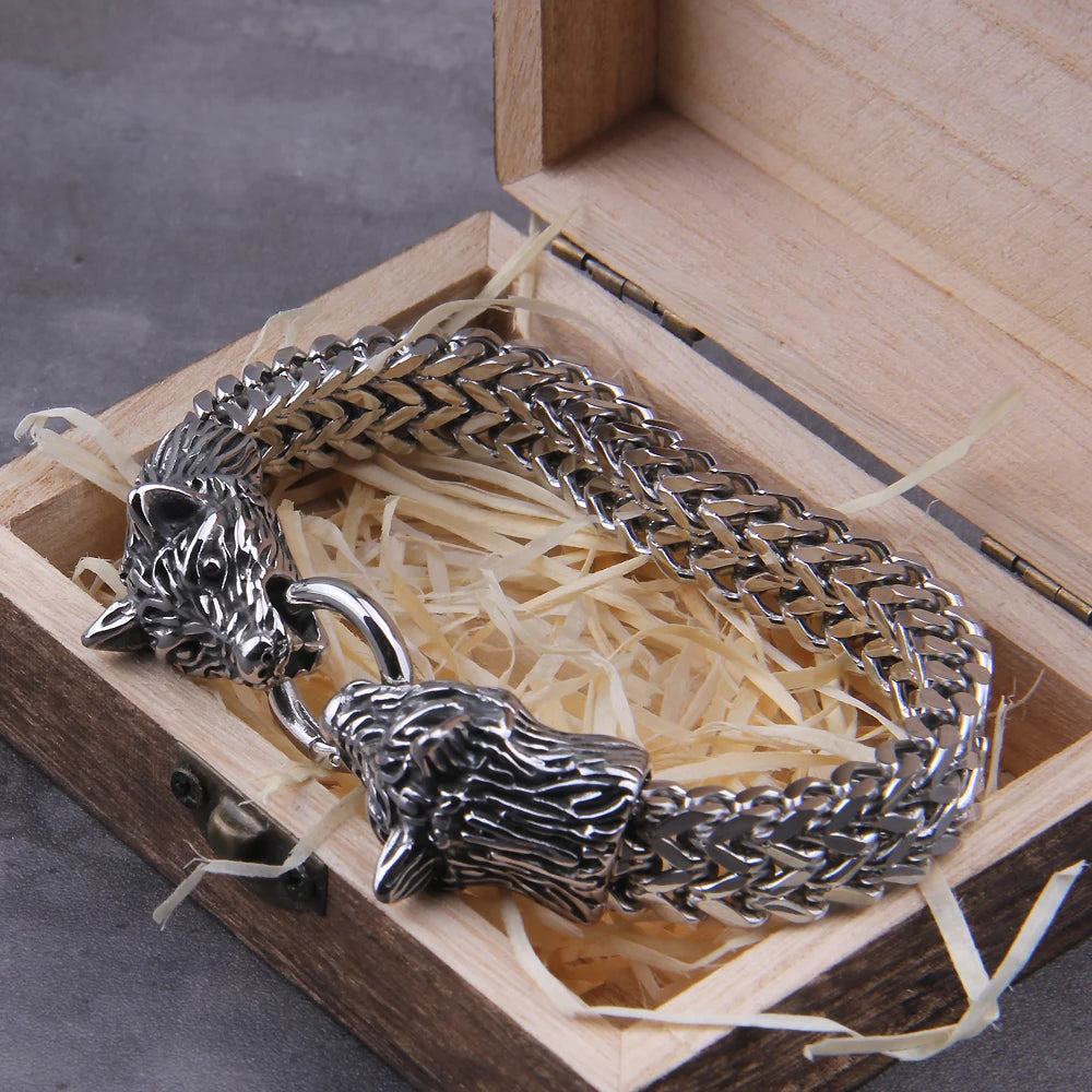 Never Fade Viking Wolf head Bracelet Men's Stainless Steel Mesh Chain Gold Punk Jewelry without box TAVEN System LLC
