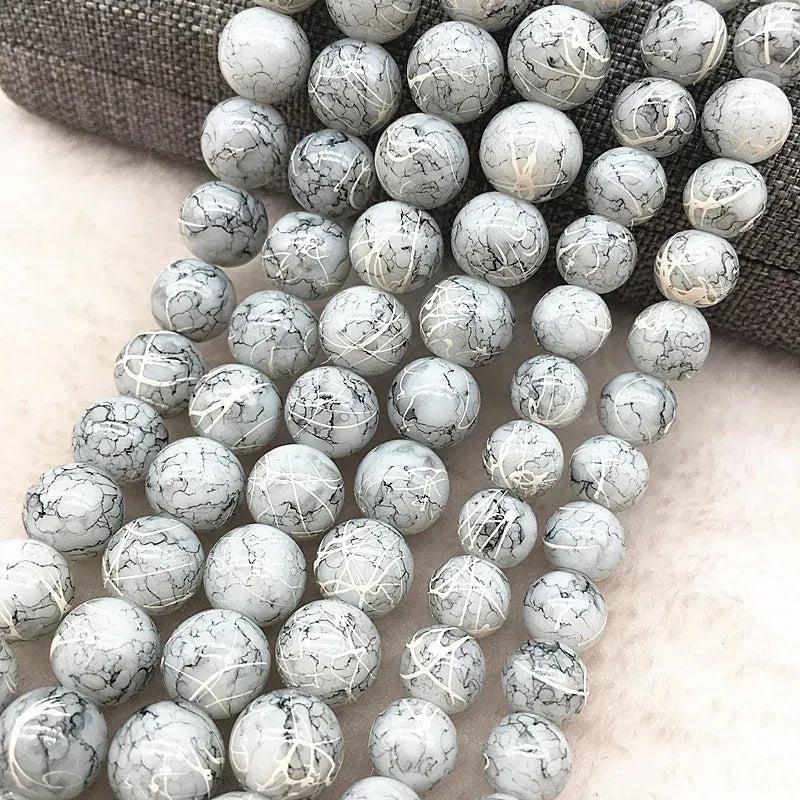 Color: Pale pinkish gray, Item Diameter: 7mm - Wholesale 4/6/8/10mm Glass Beads Round Loose Spacer Beads Pattern For Jewelry Making DIY Bracelet Necklace Taven