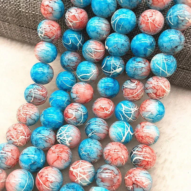 Color: Pale pinkish gray, Item Diameter: 7mm - Wholesale 4/6/8/10mm Glass Beads Round Loose Spacer Beads Pattern For Jewelry Making DIY Bracelet Necklace Taven