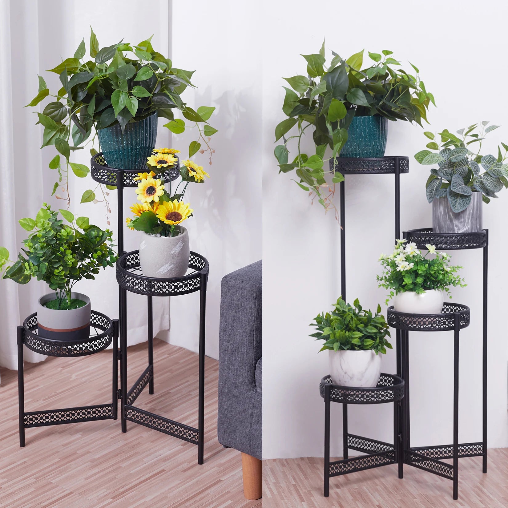 Foldable 4 tier black metal plant stand for indoor outdoor use