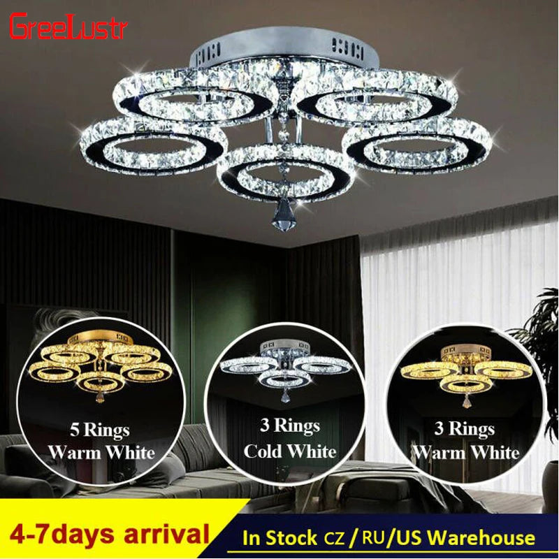 5 Rings Crystal Led Chandeliers Ceiling Mirror Stainless Steel Lustre Cristal For Kitchen Luminarias Parateto Fixtures Plafonier TAVEN System LLC