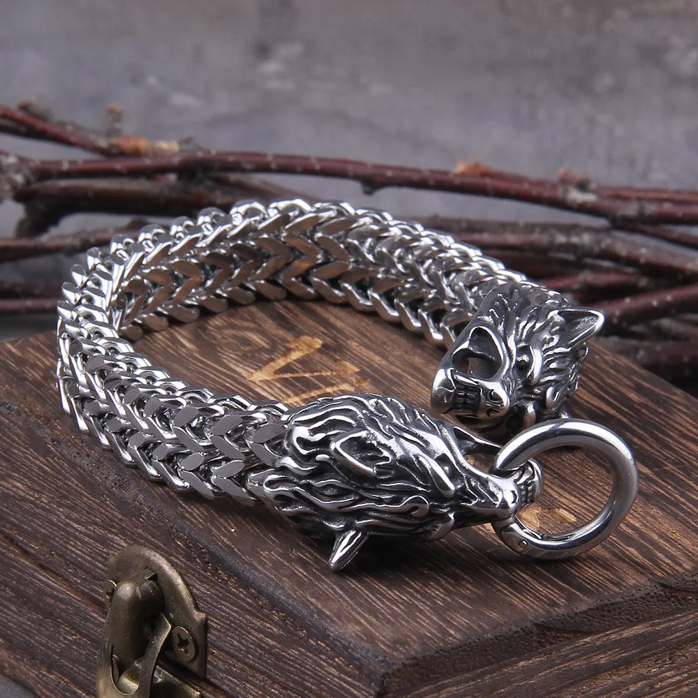Never Fade Viking Wolf head Bracelet Men's Stainless Steel Mesh Chain Gold Punk Jewelry without box TAVEN System LLC