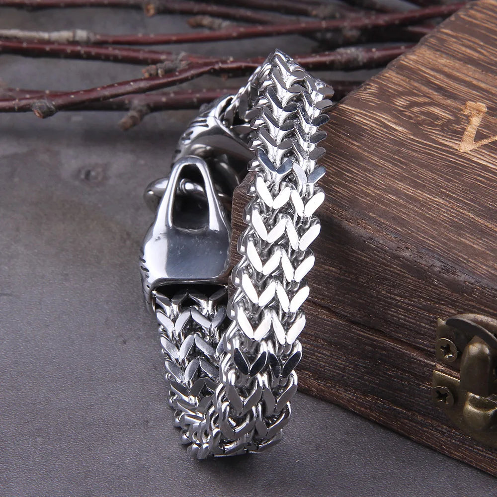 Never Fade Viking Wolf head Bracelet Men's Stainless Steel Mesh Chain Gold Punk Jewelry without box TAVEN System LLC