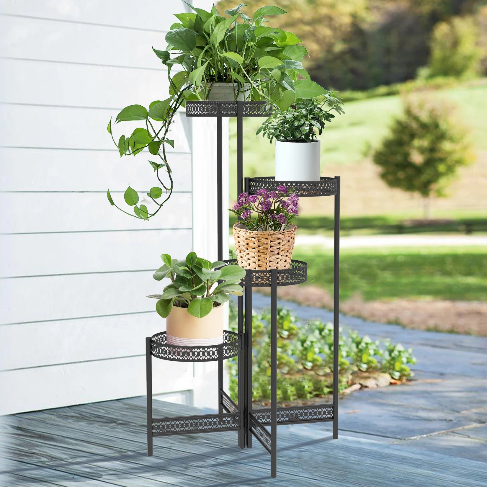 Foldable 4 tier black metal plant stand for indoor outdoor use