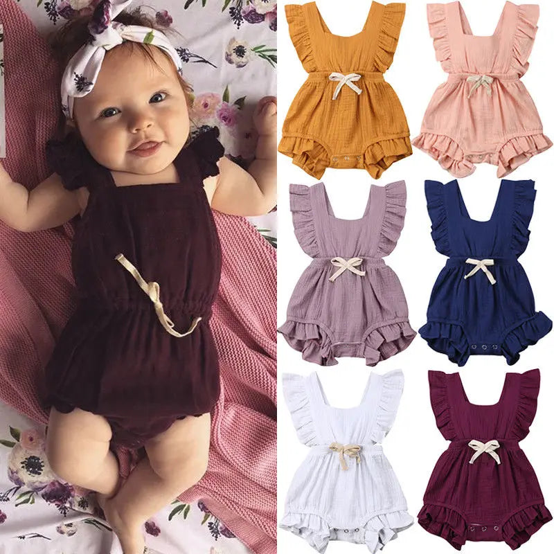 Baby Girl Ruffle Solid Color Sleeveless Summer Romper Outfit