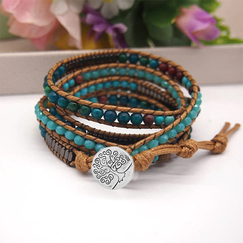 Boho Style Natural Stone Beadwork Wrap Bracelet on Brown Cord with Tree of Life Button TAVEN System LLC