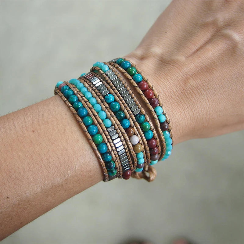 Boho Style Natural Stone Beadwork Wrap Bracelet on Brown Cord with Tree of Life Button TAVEN System LLC