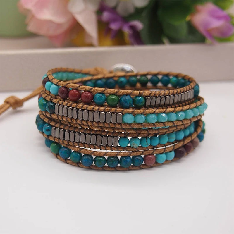 Boho Style Natural Stone Beadwork Wrap Bracelet on Brown Cord with Tree of Life Button TAVEN System LLC