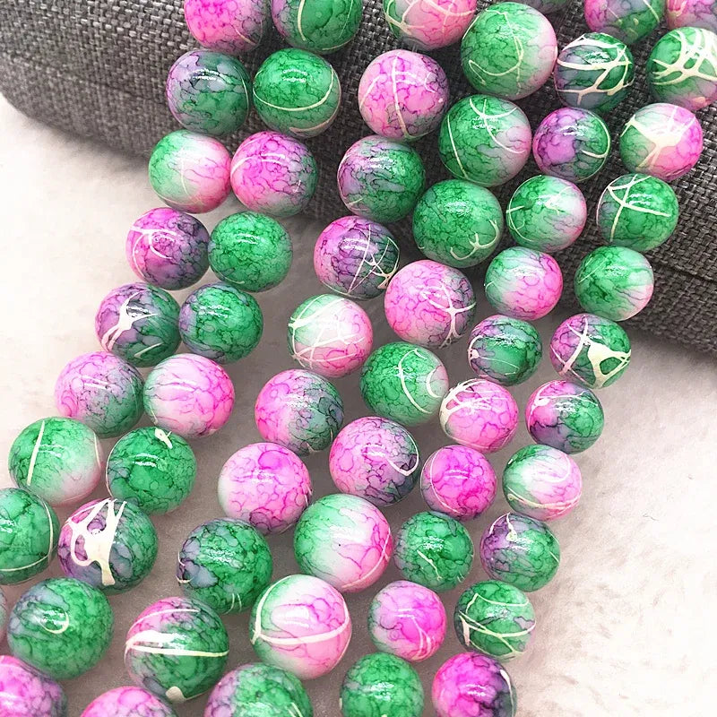 Color: Pale pinkish gray, Item Diameter: 7mm - Wholesale 4/6/8/10mm Glass Beads Round Loose Spacer Beads Pattern For Jewelry Making DIY Bracelet Necklace Taven