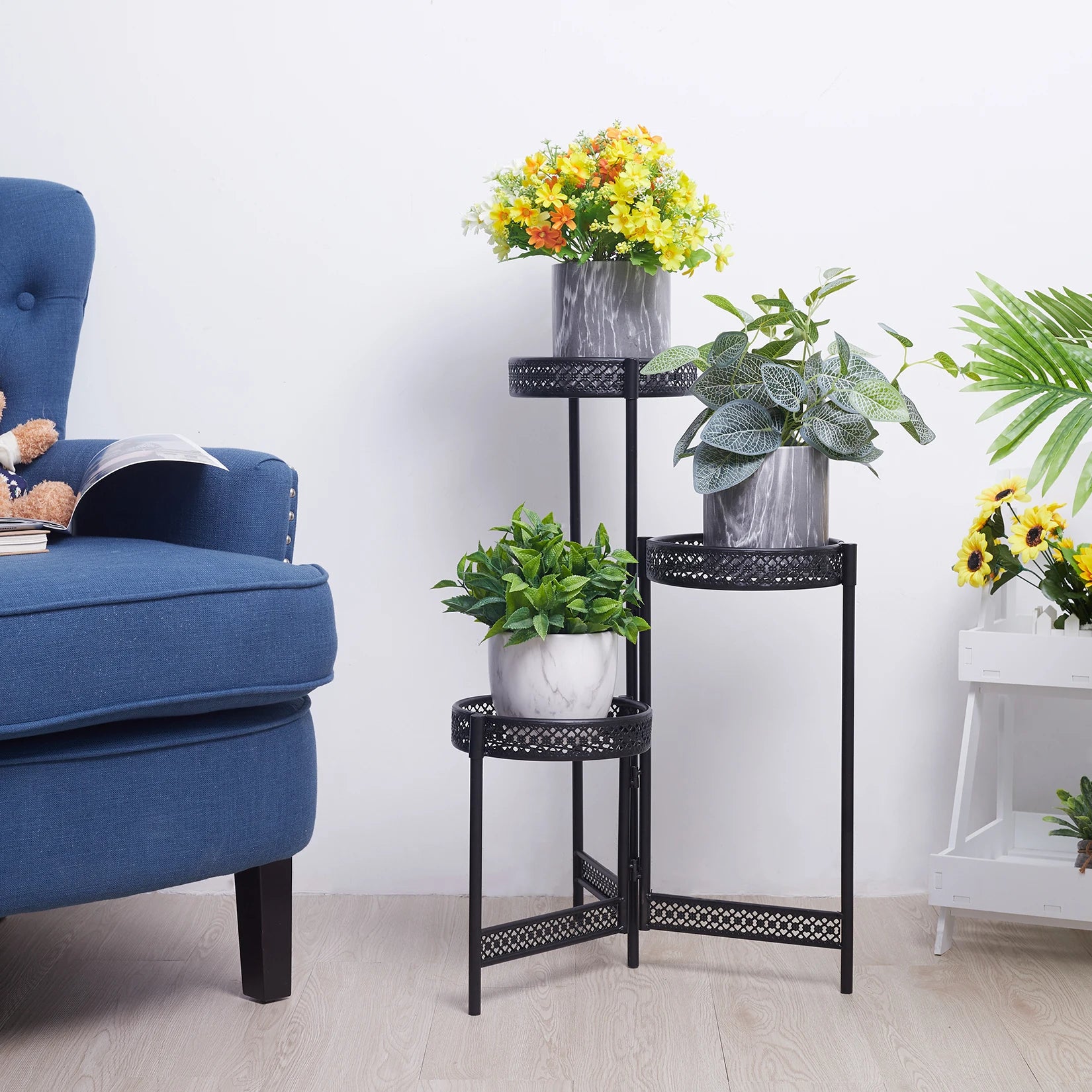 Foldable 4 tier black metal plant stand for indoor outdoor use