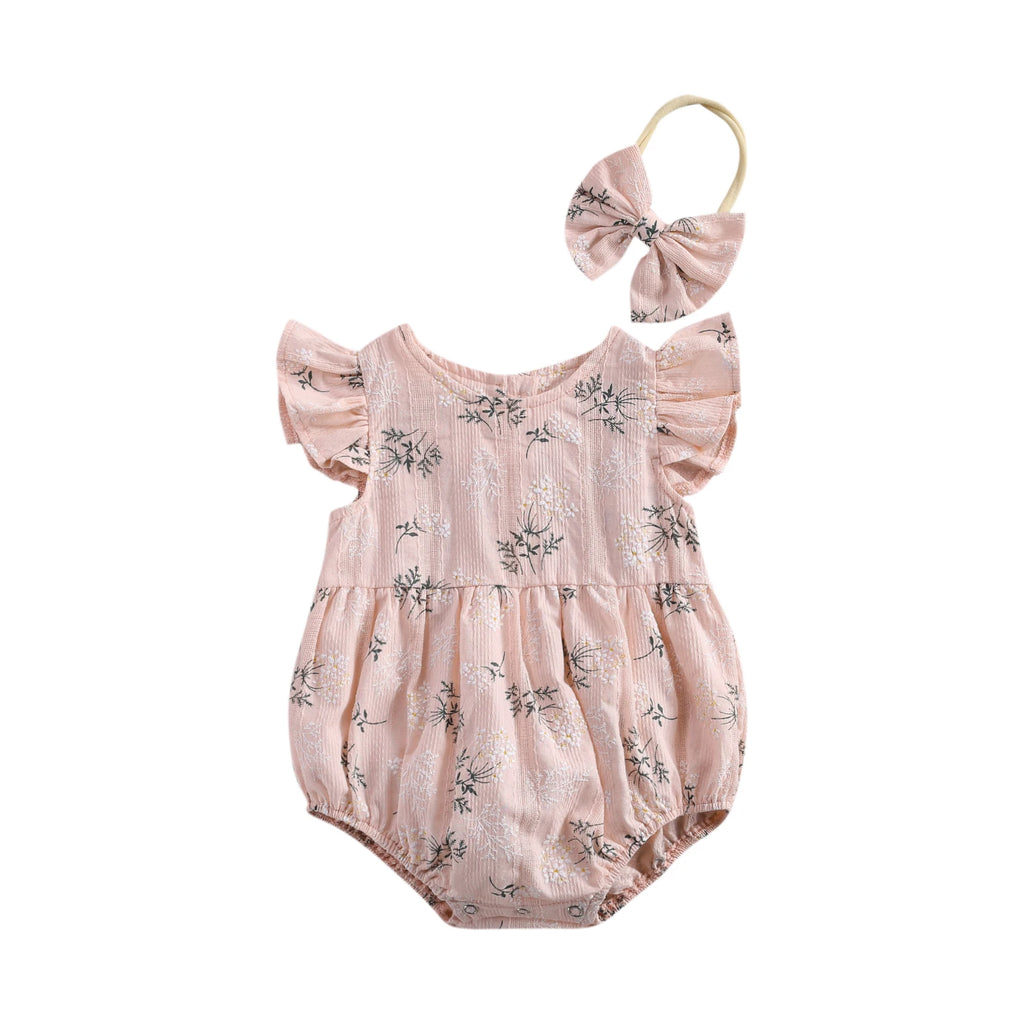 Baby Girl Floral Romper with Matching Headband Summer Outfit
