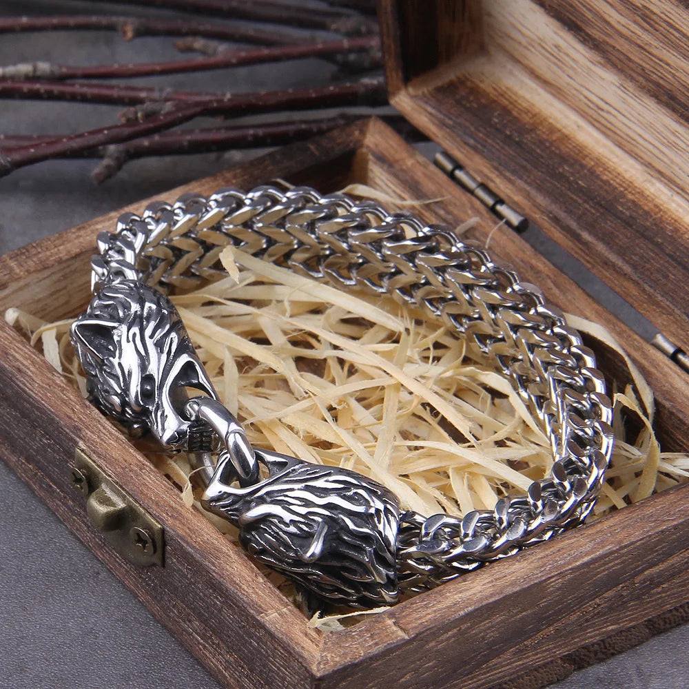 Never Fade Viking Wolf head Bracelet Men's Stainless Steel Mesh Chain Gold Punk Jewelry without box TAVEN System LLC