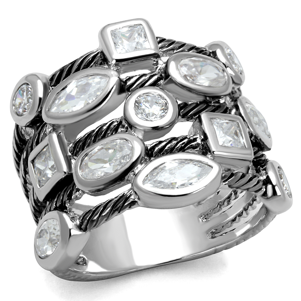 LO4083 - Rhodium Brass Ring with AAA Grade CZ  in Clear Taven