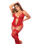 Lace & Mesh Teddy w/Hook & Eye Crotch Closure w/Attached Garter Straps Red 2X/3X Taven