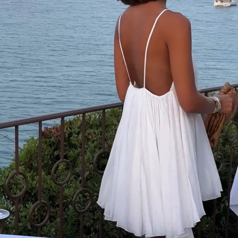 Women's Explosions Shaggy Pleated Hem Sexy Backless V-neck Sleeveless Sling dress TAVEN System LLC