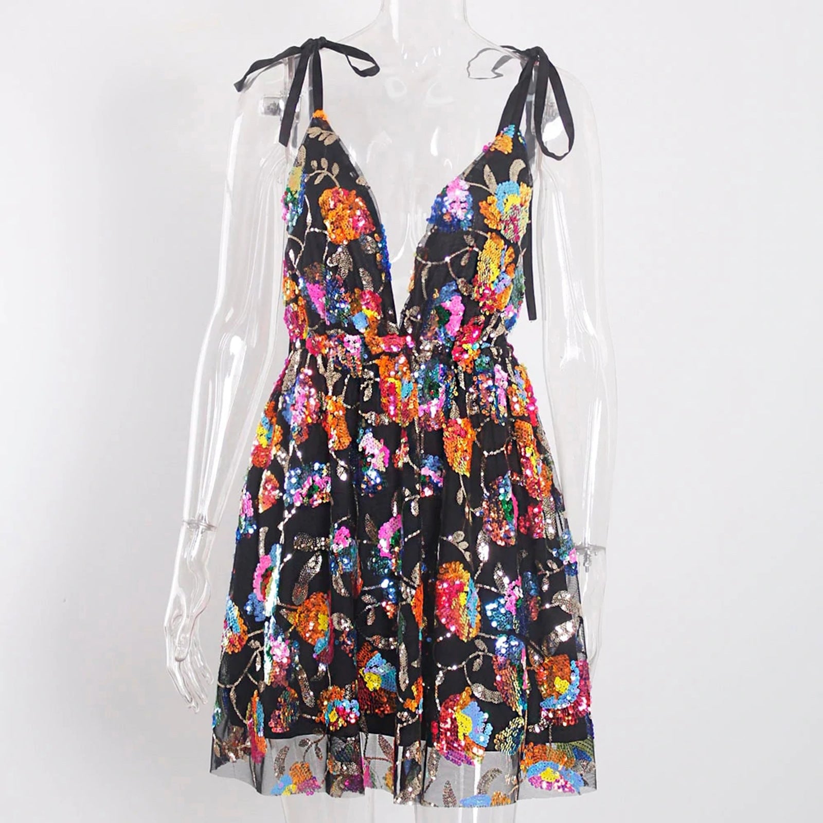 2023 Export Cross-Border Hot Selling Amazon Hot Selling Sexy Deep V Backless Sequined Floral Lace Women's Sexy Short Clothing TAVEN System LLC