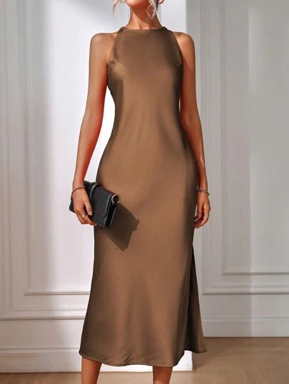 European and American Cross-Border Amazon Satin Dress Women's Spring and Summer Sleeveless Slit Satin Imitation Silk Long Skirt TAVEN System LLC