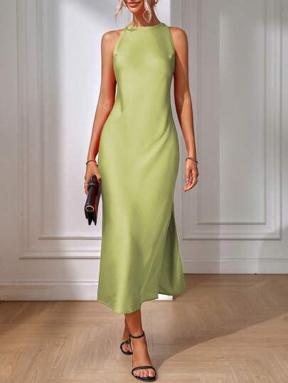 European and American Cross-Border Amazon Satin Dress Women's Spring and Summer Sleeveless Slit Satin Imitation Silk Long Skirt TAVEN System LLC