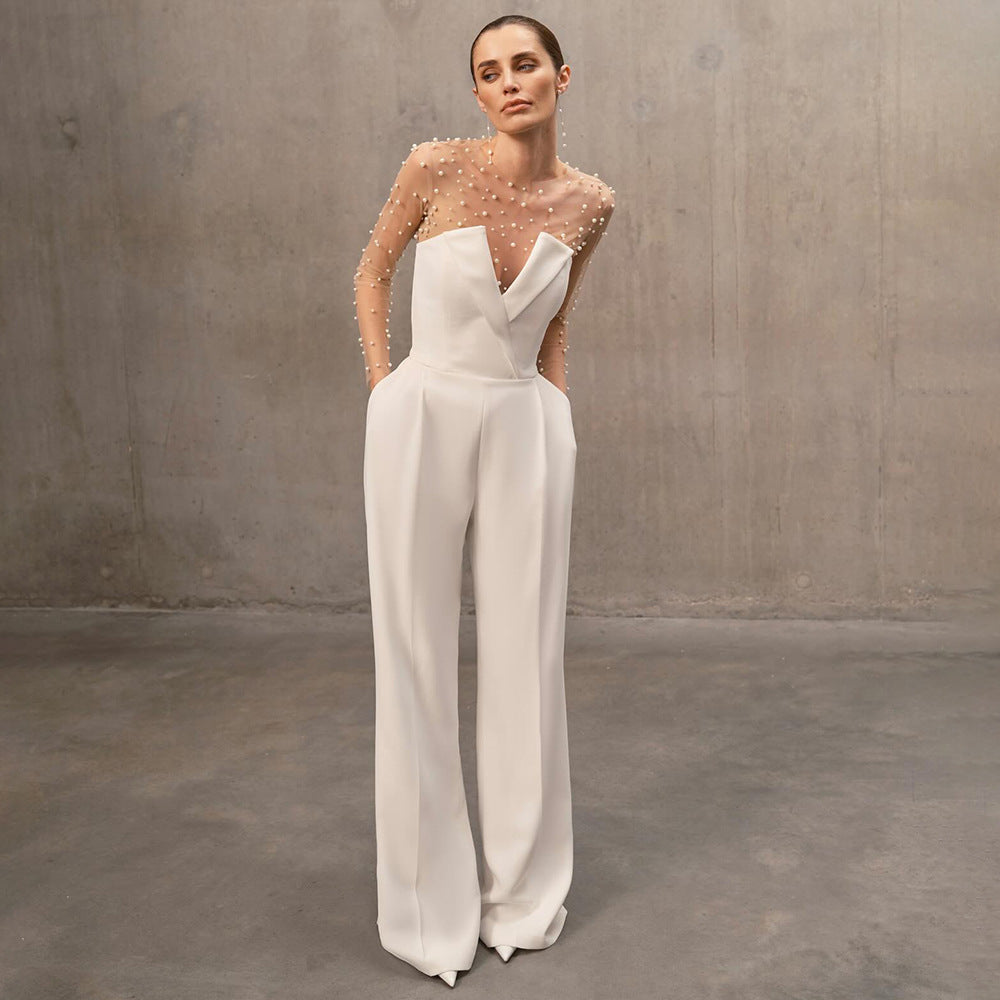 In Stock | White Bubble Bead Jumpsuit, Fashionable Casual Two-Piece Set, High-End European and American Women's Clothing, European and American Style. TAVEN System LLC