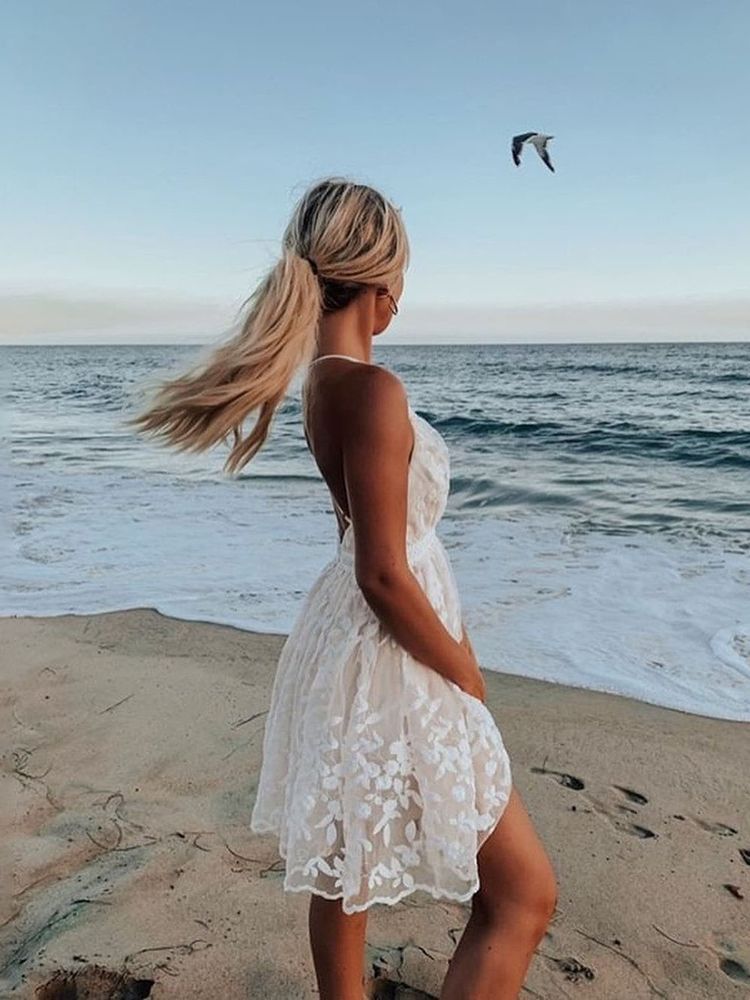 Cross-Border 2023 Summer New European and American Sexy Deep V Neck Backless Suspender Dress Amazon Lace Beach Dress TAVEN System LLC