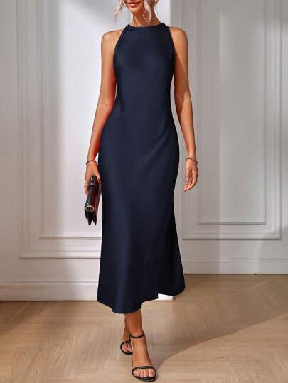 European and American Cross-Border Amazon Satin Dress Women's Spring and Summer Sleeveless Slit Satin Imitation Silk Long Skirt TAVEN System LLC