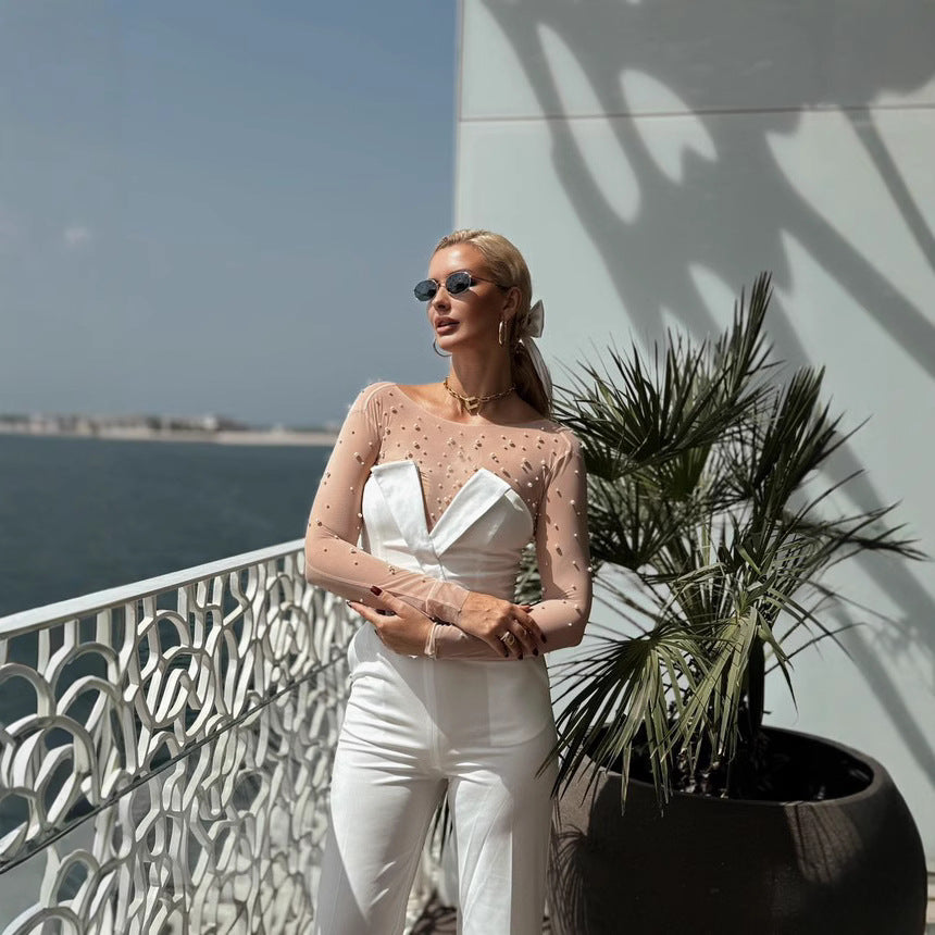 In Stock | White Bubble Bead Jumpsuit, Fashionable Casual Two-Piece Set, High-End European and American Women's Clothing, European and American Style. TAVEN System LLC