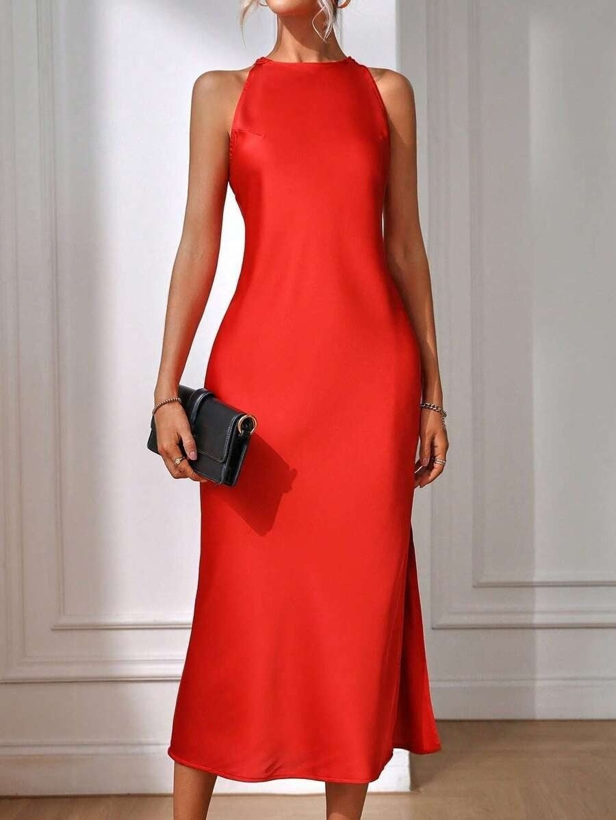 European and American Cross-Border Amazon Satin Dress Women's Spring and Summer Sleeveless Slit Satin Imitation Silk Long Skirt TAVEN System LLC