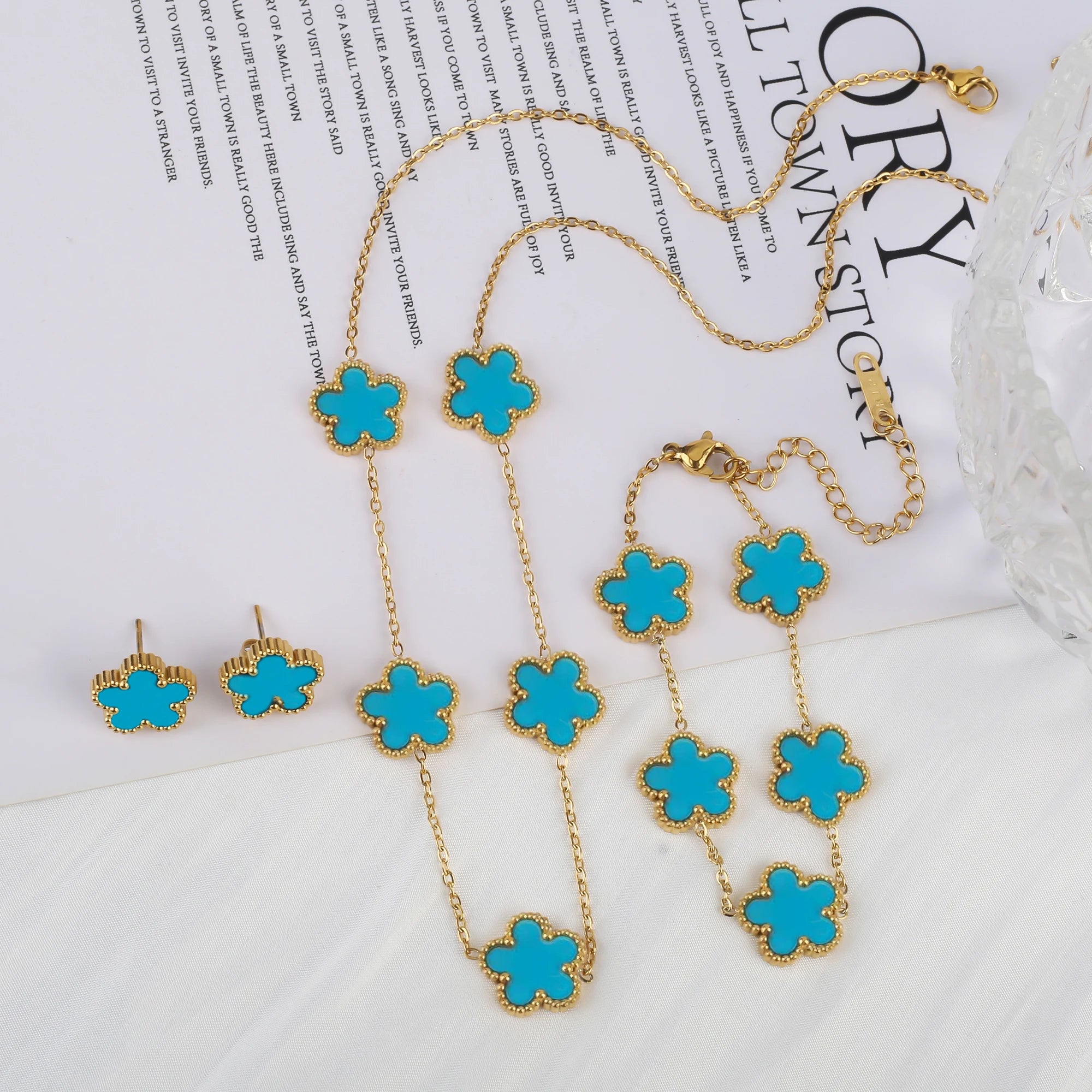 Simple 316L Stainless Steel Flower Five Leaf Necklace Bracelet Earrings 18K Gold Plated Jewelry Set for Women Girl Gift Clover TAVEN System LLC