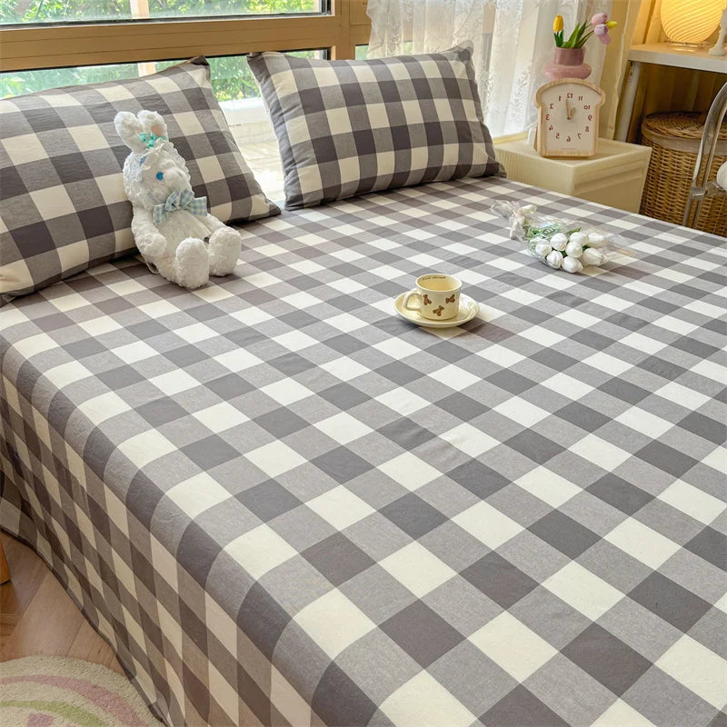 Japanese Style 100% Cotton Plaid Bed Sheet Soft Skin Friendly Flat Sheet or Sheet and Pillowcases Set Queen King Size Bedspreads TAVEN System LLC