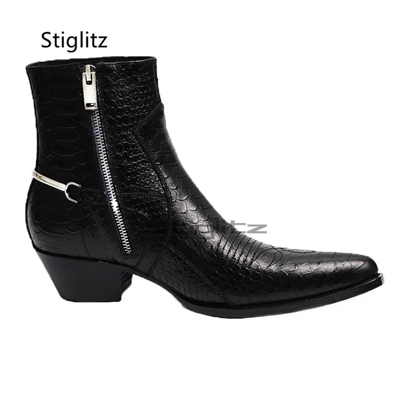 Genuine Leather Embroidery Men's Boots Pointy Chelsea Boots Snakeskin Metal Decor Chunky Heeled Ankle Boots Party Male Shoes TAVEN System LLC