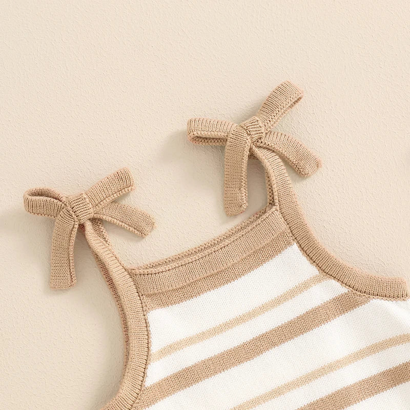 Baby Girl Ribbed Bow Strap Ruffle Sleeveless Summer Romper