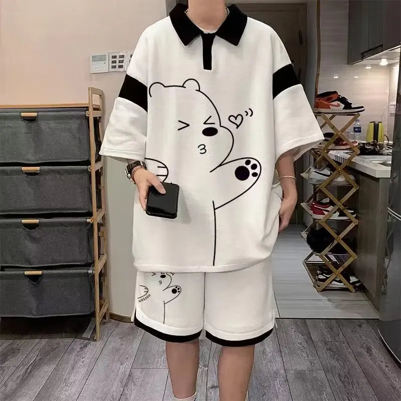 Men Summer Cartoon Bear Print Waffle Shorts Set Casual Streetwear Outfit
