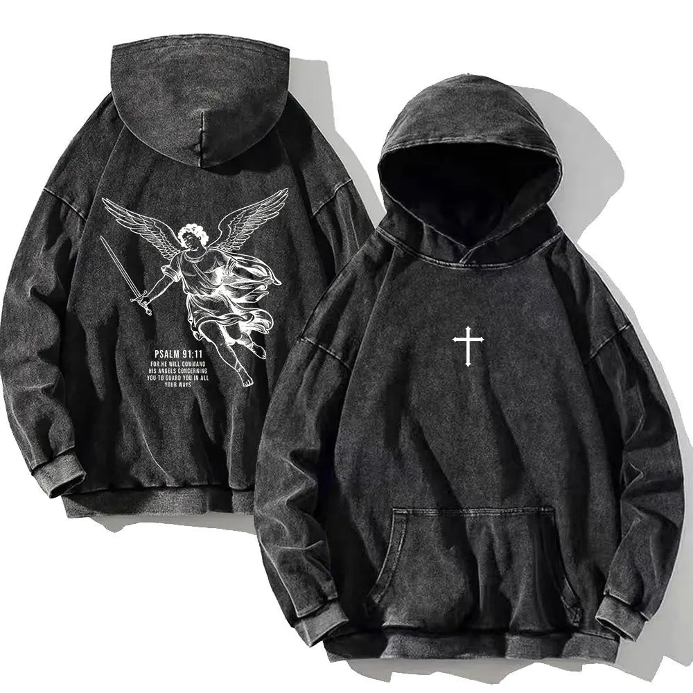 Men Vintage Psalm 91:11 Cotton Hoodie Washed Hip Hop Sweatshirt