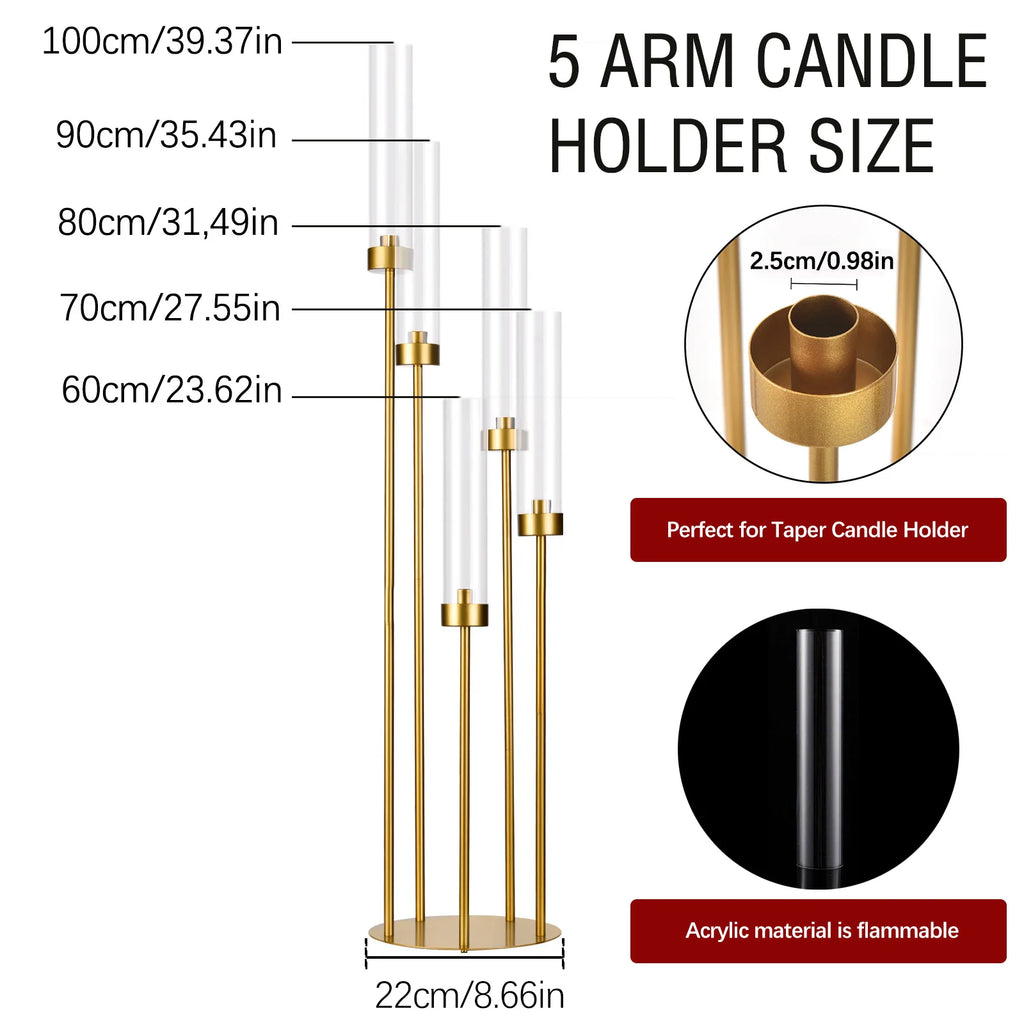 Gold Floor Candelabra 5 Arm Tall Candle Holder with Acrylic Lampshade for Wedding Table Birthday Party Decoration 10PCS TAVEN System LLC