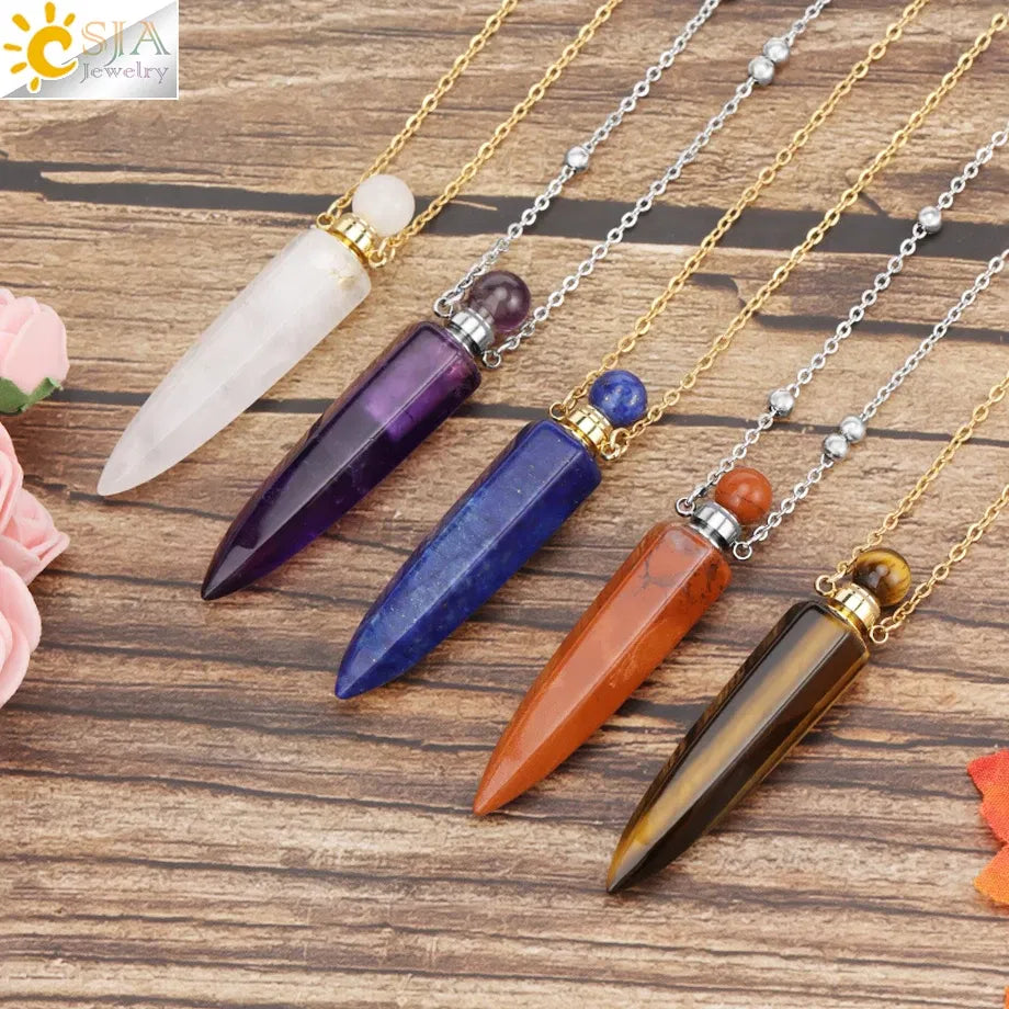 Metal color: Antique Bronze Plated - CSJA Crystal Perfume Bottle Women Necklace Natural Stone Hexagonal Cone Pendant Reiki Oil Diffuser Necklaces Christmas Gift H358 Taven