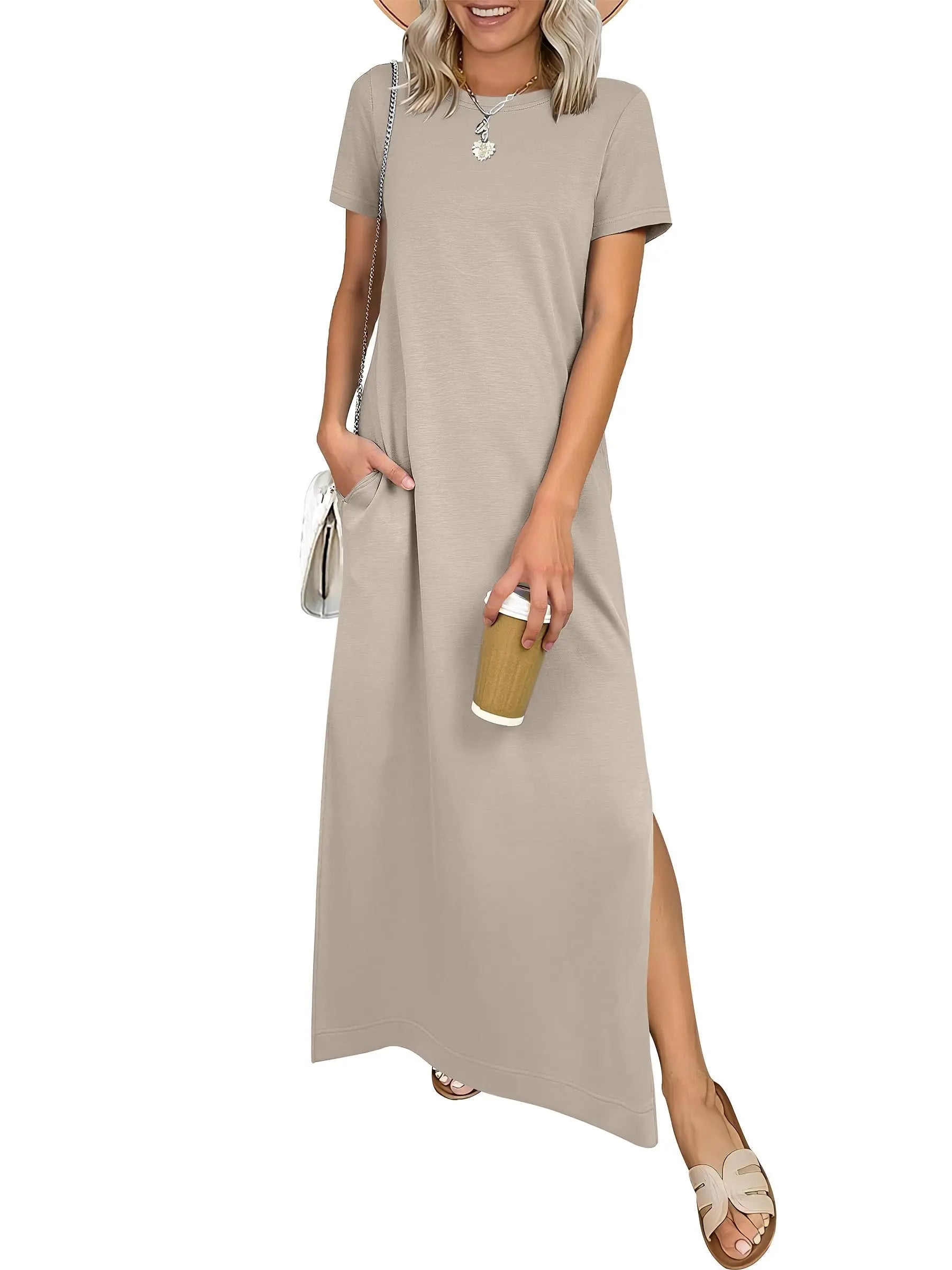Women Short Sleeve Maxi Dress Crew Neck Side Split Casual Loose Dress