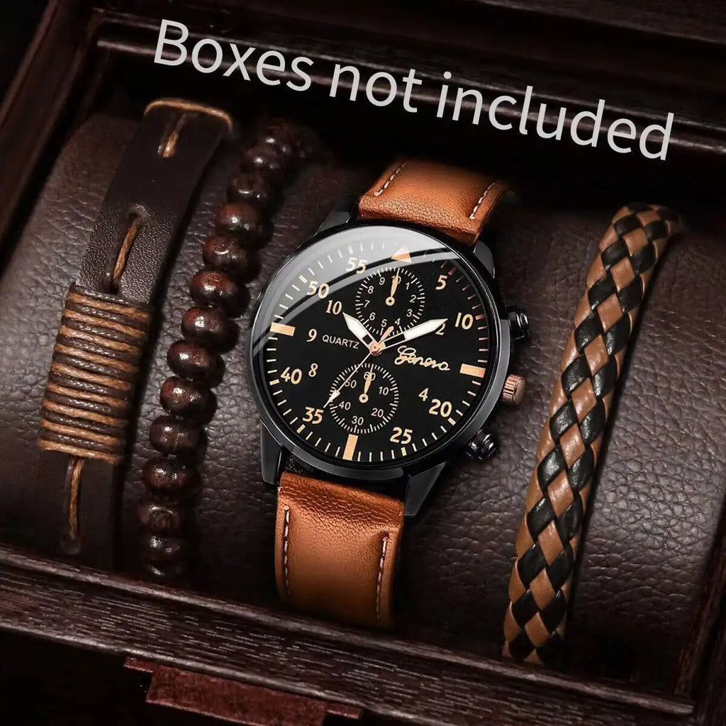 4PCS/Set Fashion Men's Business Watches Casual Leather Strap Quartz Wristwatches Vintage Bracelets Set Reloj Hombre（Without Box） - TAVEN System LLC