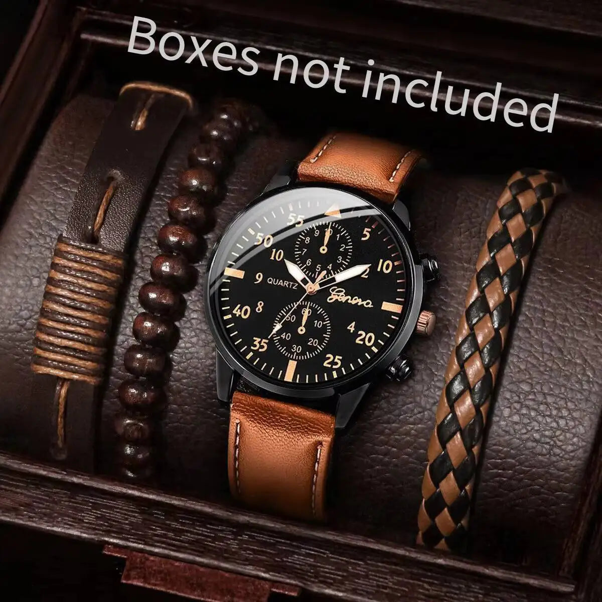 4PCS/Set Fashion Men's Business Watches Casual Leather Strap Quartz Wristwatches Vintage Bracelets Set Reloj Hombre（Without Box） - TAVEN System LLC