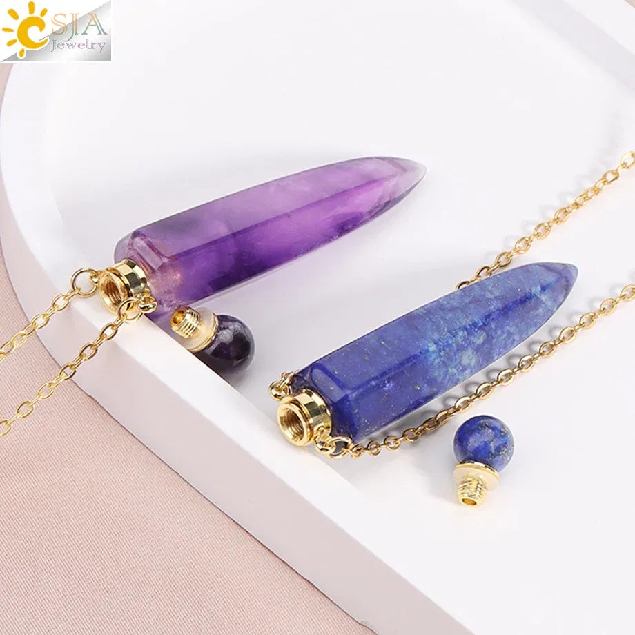 Metal color: Antique Bronze Plated - CSJA Crystal Perfume Bottle Women Necklace Natural Stone Hexagonal Cone Pendant Reiki Oil Diffuser Necklaces Christmas Gift H358 Taven
