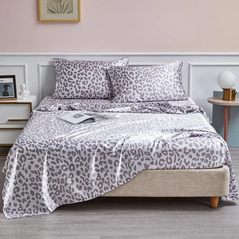 New Satin Fabric Leopard Print Bed Sheet Set Queen High-end Fitted Sheet Flat Sheet Pillowcase Bed Set King Size Bedsheet Sets TAVEN System LLC