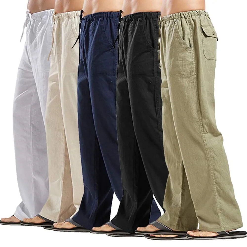 Men's Cotton Linen Pants Summer Solid Color Breathable Linen Trousers Male Casual Elastic Waist Fitness Pants TAVEN System LLC
