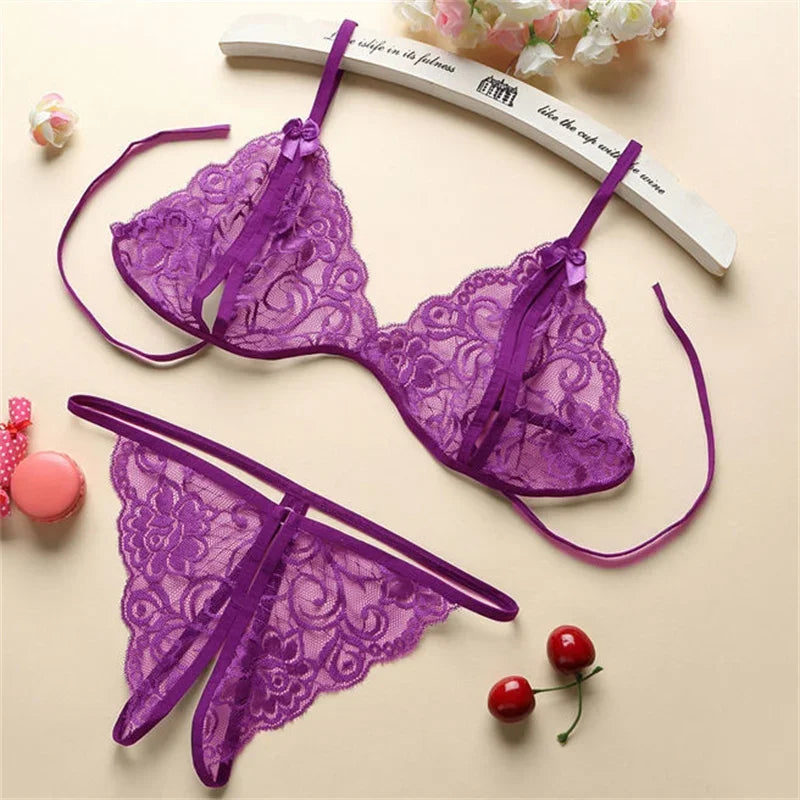 Sexy Lace-up Lingerie Set Women Hot Exotic Open Crotch Transparent Underwear G-string Bandage Bikini Three-point Set TAVEN System LLC