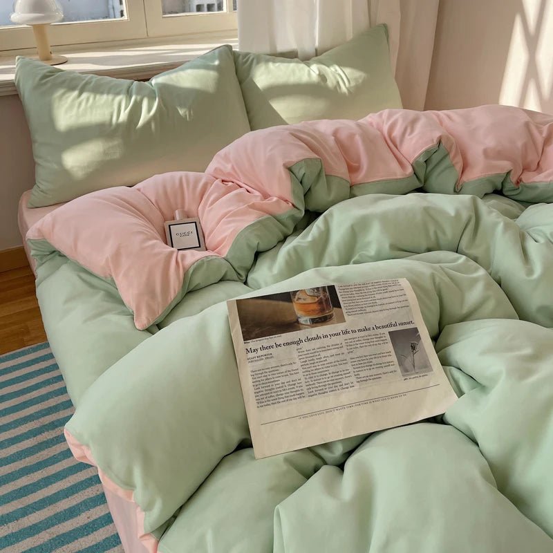 Cotton Bedding Set 4pcs with Solid Bed Sheet Duvet Cover Pillowcases Single Couple Bedsheet King Queen Double Twin Size TAVEN System LLC