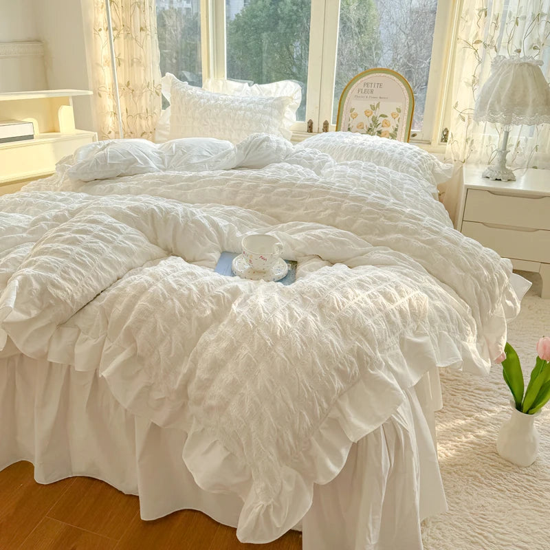 Korean Princess Style Lace Ruffles Bedding Set Skin-friendly Soft Seersucker Duvet Cover Set Bed Sheet Or Bed Skirt Pillowcases TAVEN System LLC