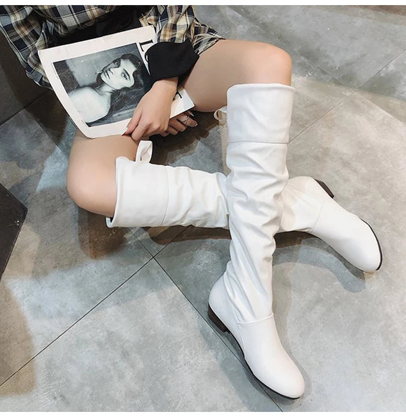 Shoes For Women  Knee High Boots Red Black White Tall Boots Woman Pleated Low Heel Casual Leather Female Long Shoes TAVEN System LLC
