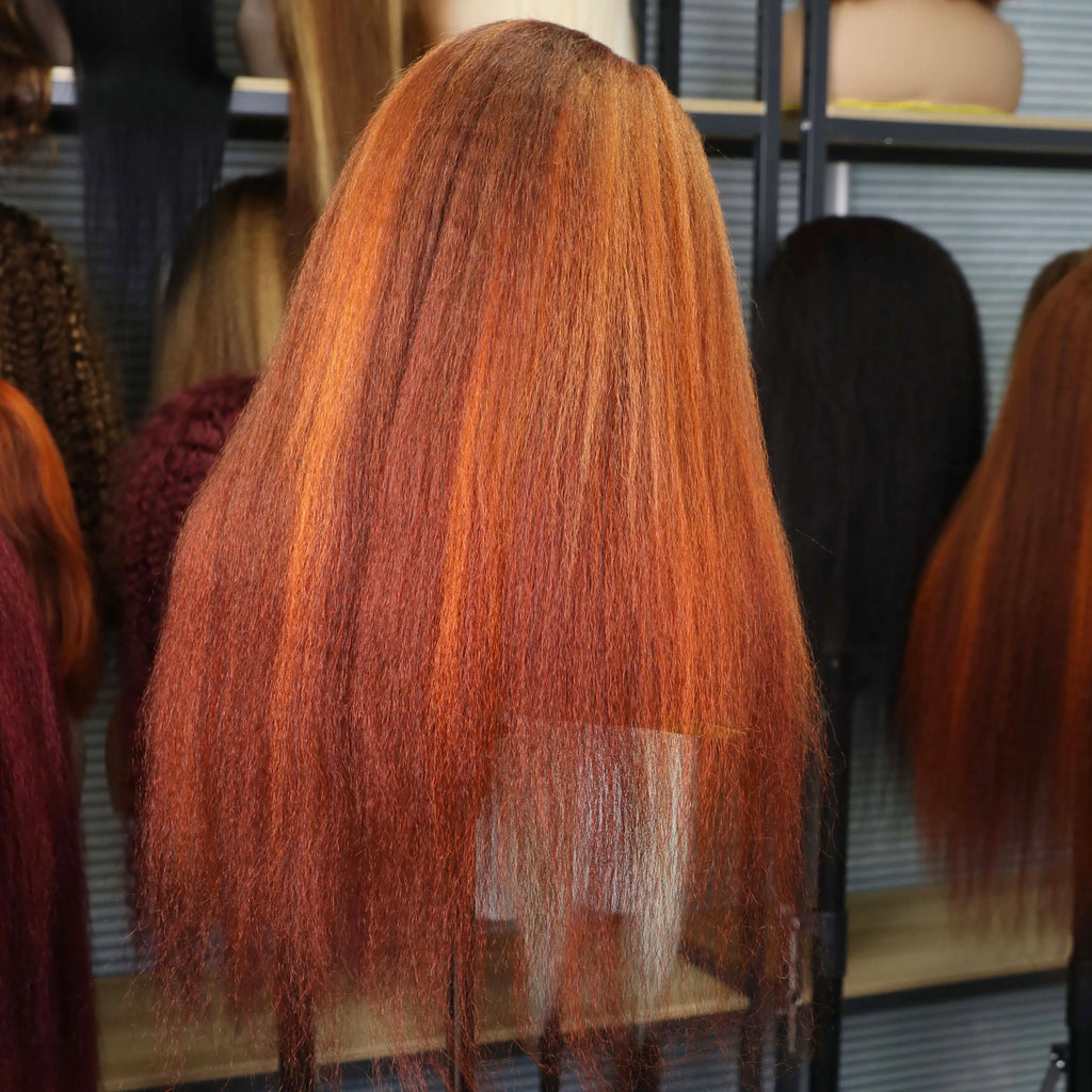 Hair Color: #2, Stretched Length: 20inches, Density: 220% - 4/350 Piano Color Kinky Straight 13x6 Lace Frontal Human Hair Wigs Highlight Ginger Orange Brown Color Remy 13x4 Lace Front Wig Taven