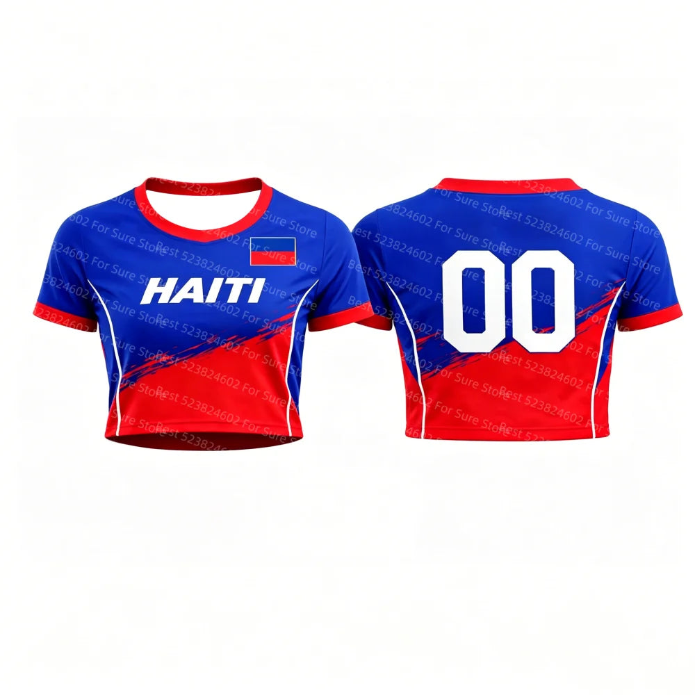 Women Haiti Flag Print Crop Tops T-shirt Short Sleeve Crew Neck Y2K Football T shirt Jersey Casual Streetwear Summer Sports Tees TAVEN System LLC