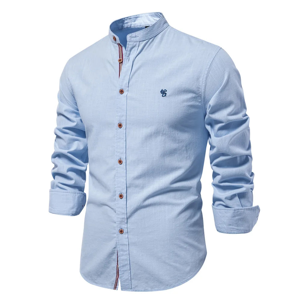 Men’s Cotton Linen Long Sleeve Solid Color Business Shirt TAVEN System LLC