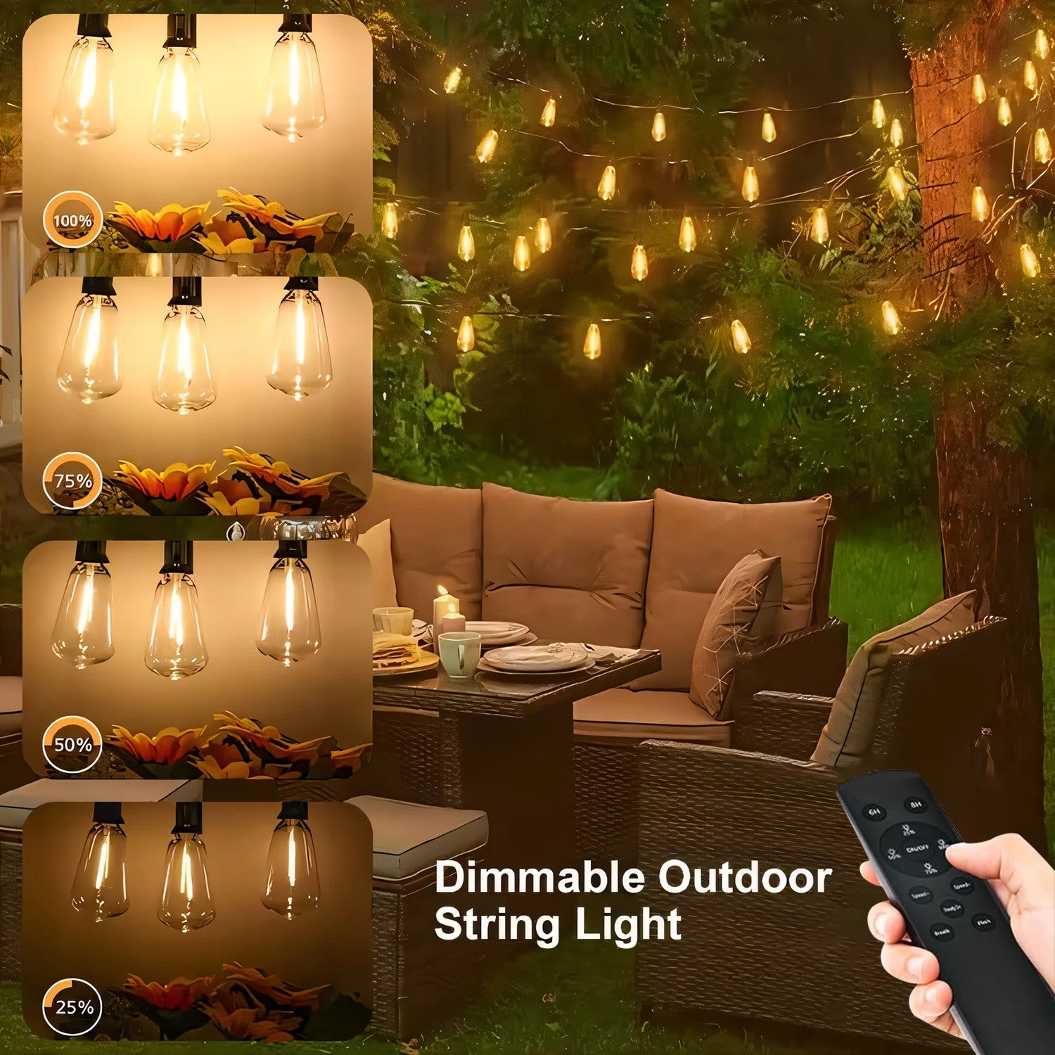 50FT ST38 Solar String Lights, 2700K Warm White, Black Wire, E12, Solar Powered with Remote, Waterproof Outdoor Patio Lights TAVEN System LLC
