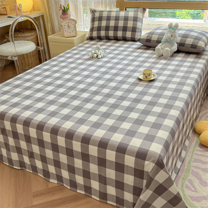 Japanese Style 100% Cotton Plaid Bed Sheet Soft Skin Friendly Flat Sheet or Sheet and Pillowcases Set Queen King Size Bedspreads TAVEN System LLC